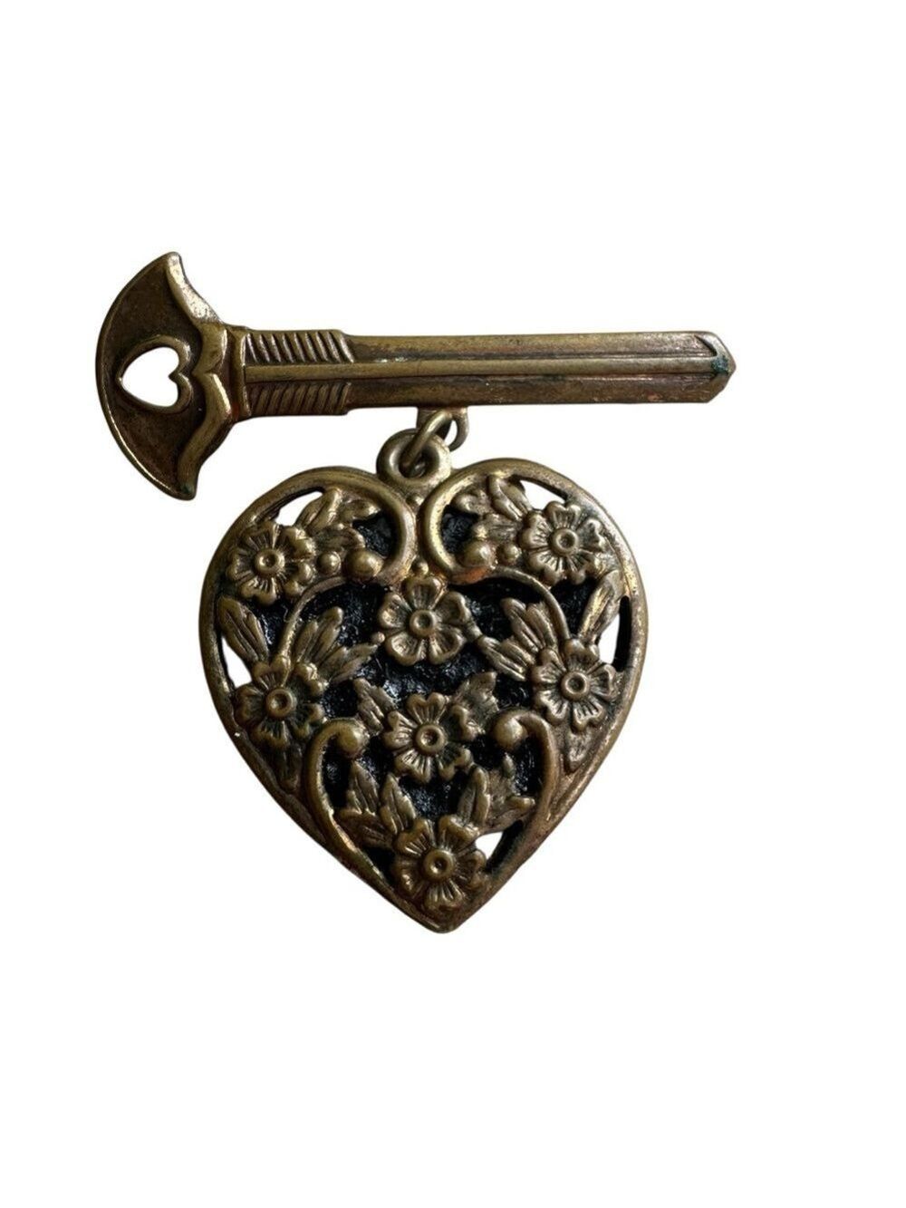 Vintage 1940s Punched Brass Filigree Flower Heart Arrow Love Brooch Pin